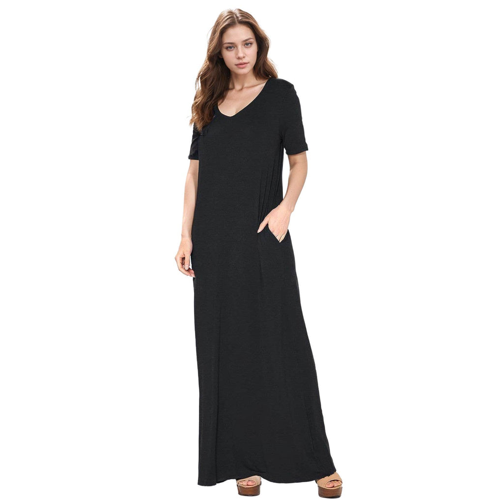 Bella V-neck Short Sleeve Maxi Dress With Pockets