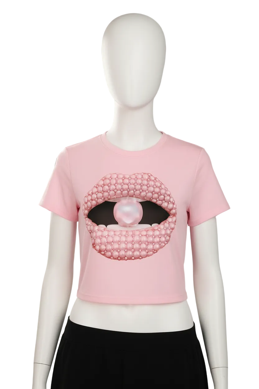 Top Corto Manga Corta Rosa Claro Tabbi con Labio de Perlas Rosas