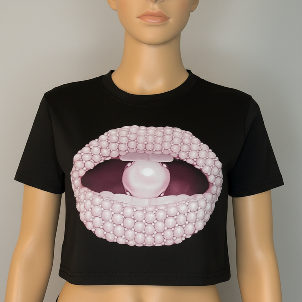 Tabbi Short Sleeve Black Crop Top w/Light Pink Pearl Lip