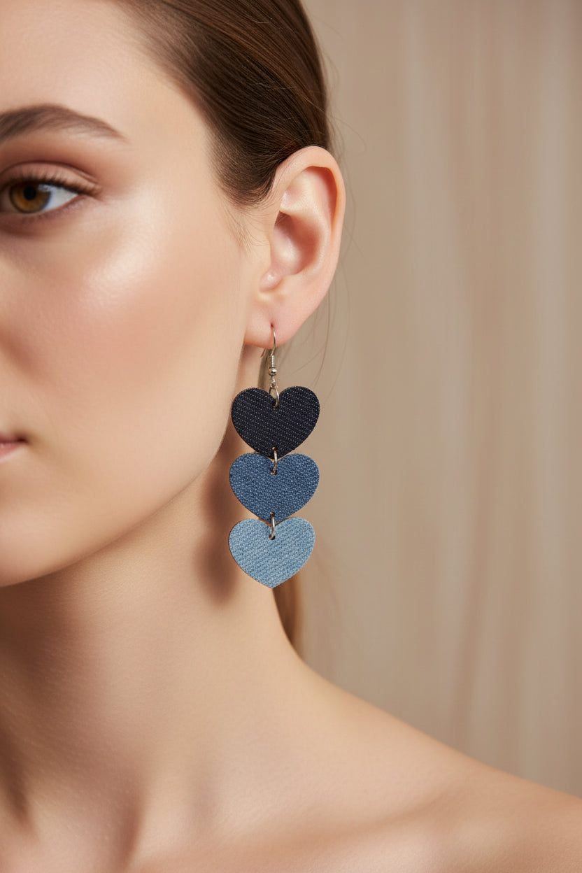 Denim Triple Heart Earrings
