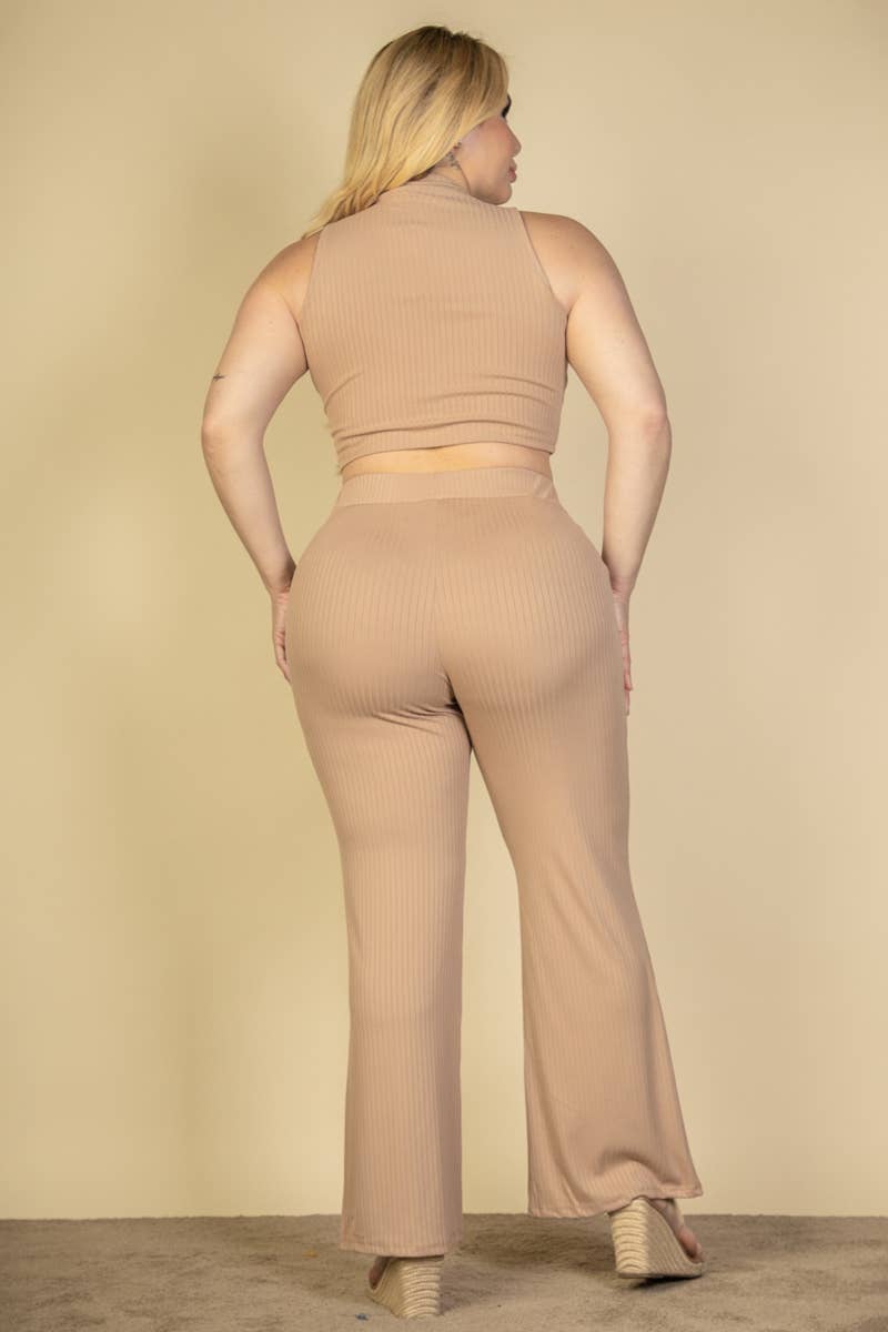 Allie Plus Size Ribbed Mock Neck Crop Top and Pant Set