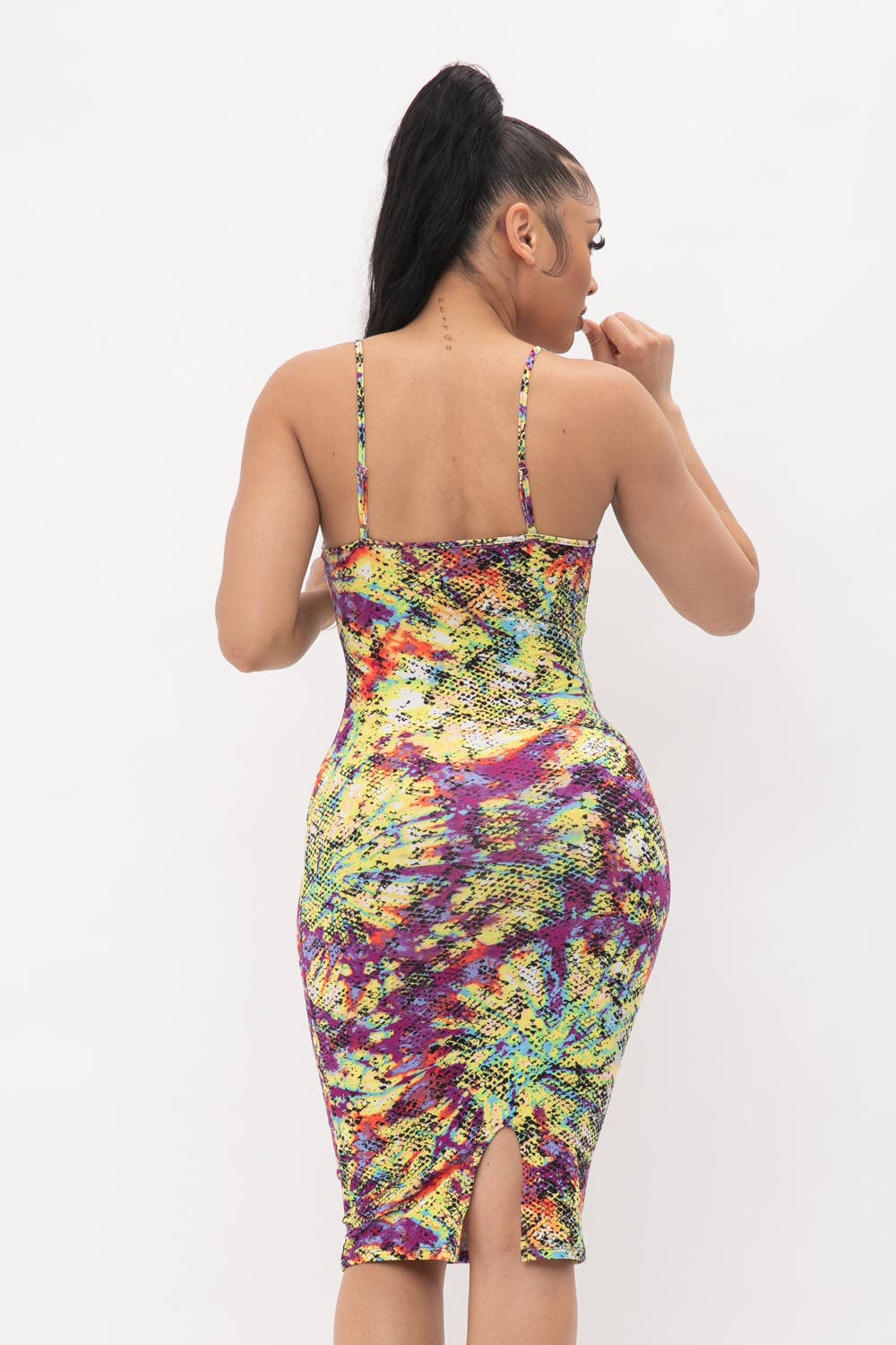 Ezra Tie Dye Print Back Slit Midi Dress Curvy/Plus size