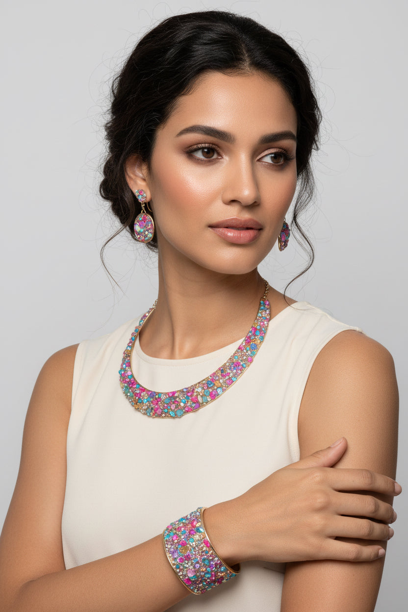 Beautiful Rhinestone Multi Color Earring, Neckalce, and Bracelet Set