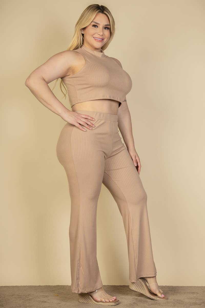 Allie Plus Size Ribbed Mock Neck Crop Top and Pant Set