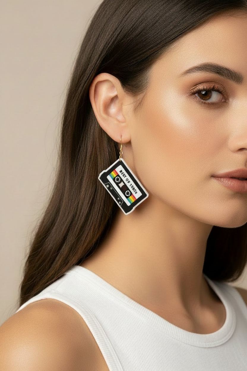 Cute Old Skool  80s Cassette Dangle Earrings Black Multi Color