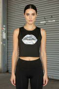Bambi Sleeveless Black Crop Top with Silver lip