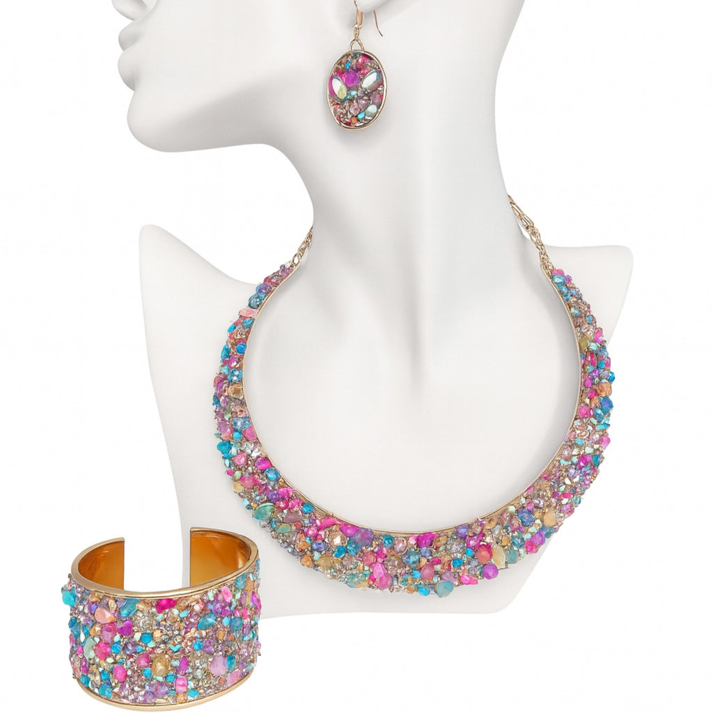 Beautiful Rhinestone Multi Color Earring, Neckalce, and Bracelet Set