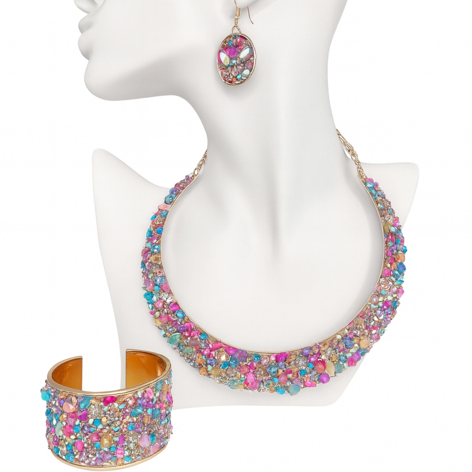 Beautiful Rhinestone Multi Color Earring, Neckalce, and Bracelet Set
