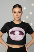 Tabbi Short Sleeve Black Crop Top w/Light Pink Pearl Lip
