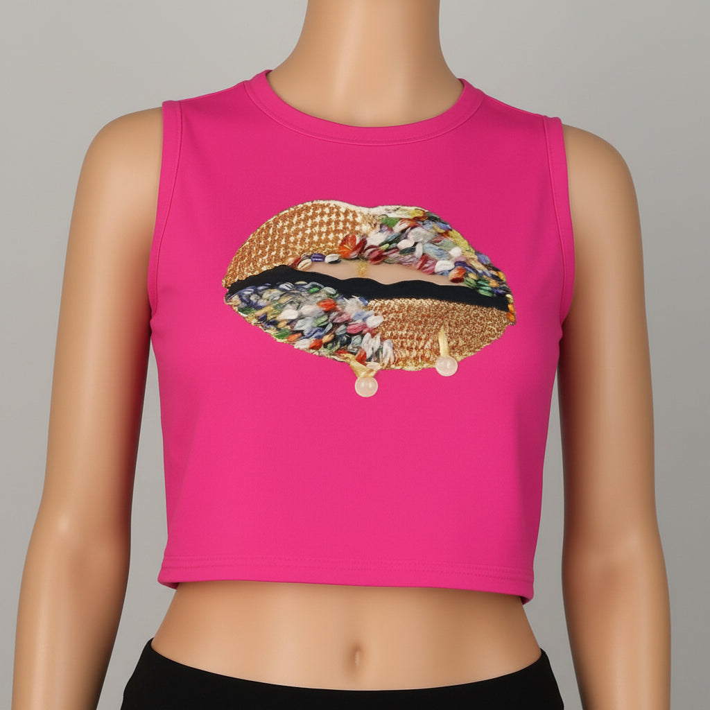 Camiseta sin mangas corta Tabatha rosa fuerte con labio dorado