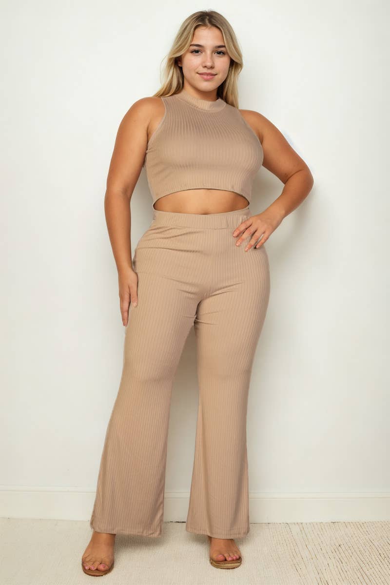 Allie Plus Size Ribbed Mock Neck Crop Top and Pant Set