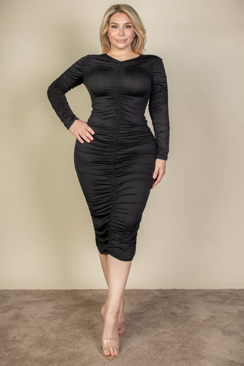 Caitlyn Plus Size Ruched Long Sleeve Midi Dress