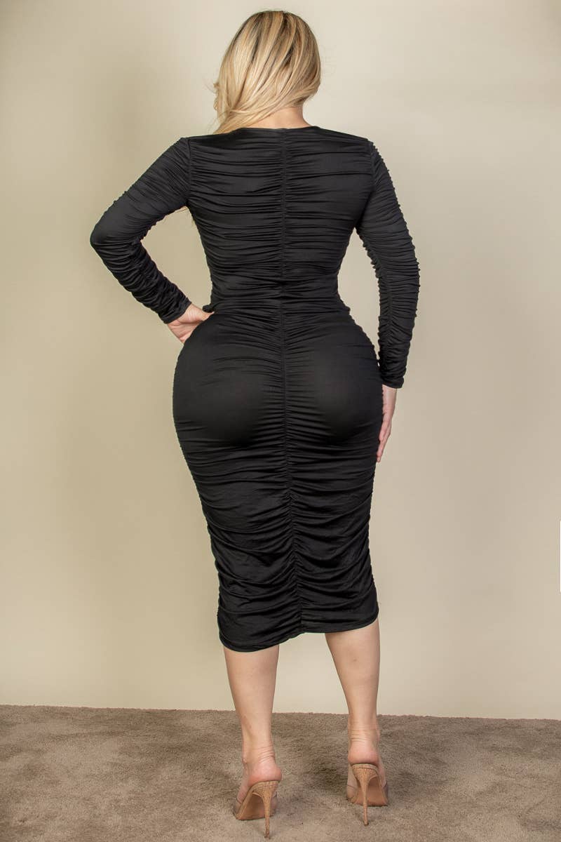 Caitlyn Plus Size Ruched Long Sleeve Midi Dress