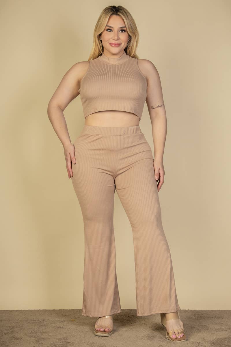 Allie Plus Size Ribbed Mock Neck Crop Top and Pant Set