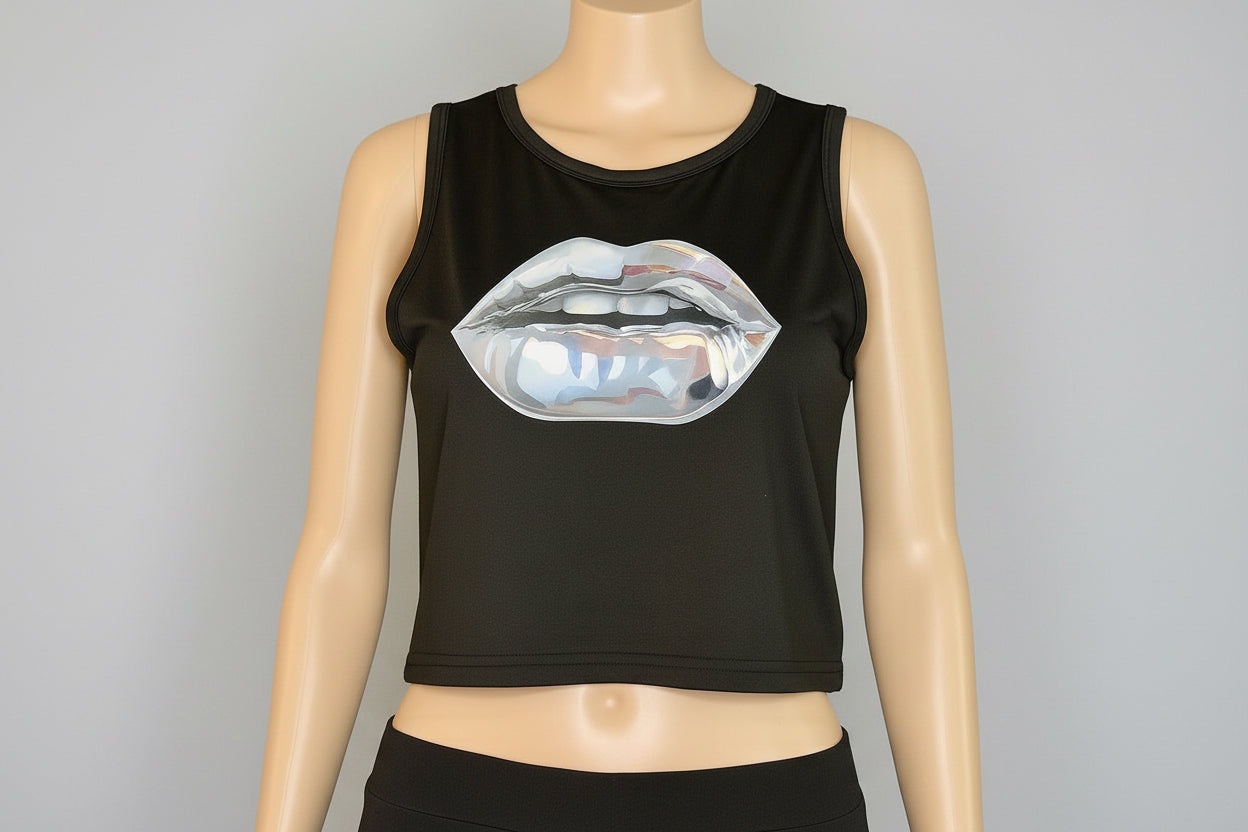 Bambi Sleeveless Black Crop Top with Silver lip