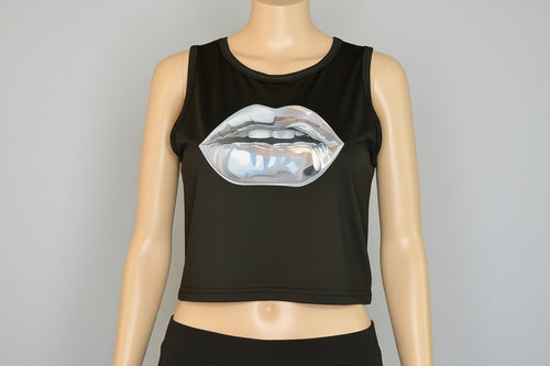Bambi Sleeveless Black Crop Top with Silver lip