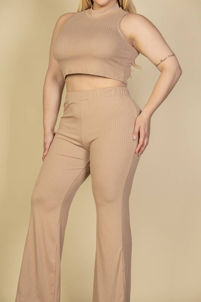 Allie Plus Size Ribbed Mock Neck Crop Top and Pant Set