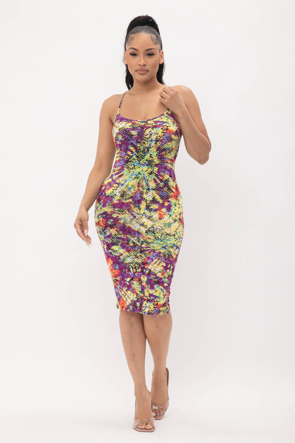 Ezra Tie Dye Print Back Slit Midi Dress Curvy/Plus size