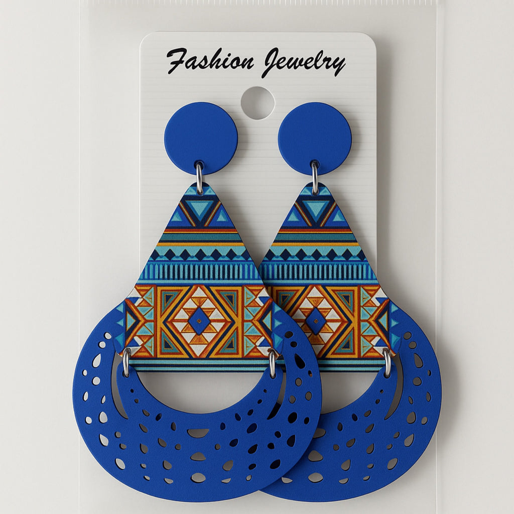 Blue Multi Color Wooden Earrings
