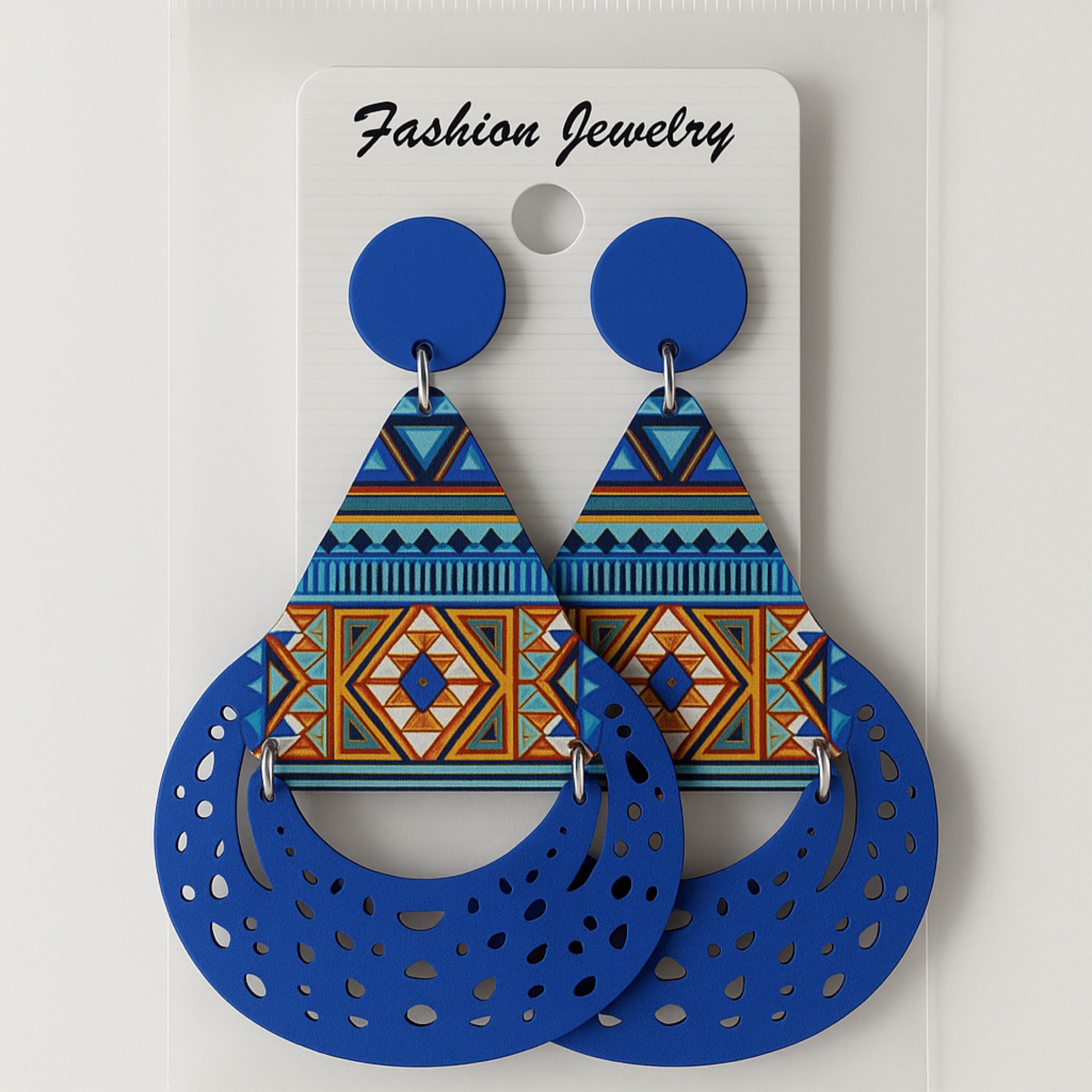 Blue Multi Color Wooden Earrings